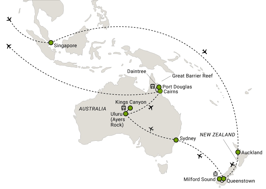 Reiserute - Rundreise i New Zealand og Australia